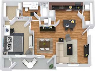 3D Wellesley 1 bedroom apartment. Kitchen with island. open to dining-living area. 1 full bath. walk-in-closet. in-unit laundry. patio/balcony.