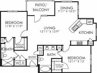 Baxter. 2 bedroom apartment. Kitchen with bartop open to living/dinning room. 2 full bathrooms, double vanity in master, shower stall in guest. Walk-in closets. Patio/balcony.