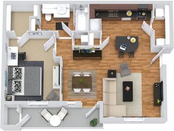 3D Wellesley 1 bedroom apartment. Kitchen with island. open to dining-living area. 1 full bath. walk-in-closet. in-unit laundry. patio/balcony.