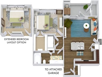 3D Sedona with Attached Garage. 1 bedroom apartment. Kitchen with island open to living room. 1 full bathroom. Walk-in closet. Patio/balcony.