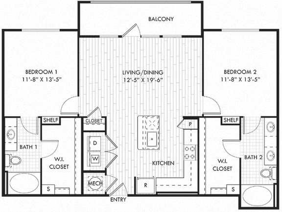 The Renfro. 2 bedroom apartment. Kitchen with island open to living/dinning room. 2 full bathrooms, double vanity in master. Walk-in closets. Patio/balcony.