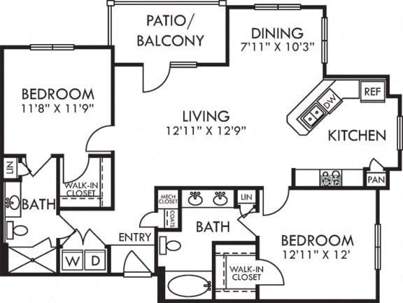 Baxter. 2 bedroom apartment. Kitchen with bartop open to living/dinning room. 2 full bathrooms, double vanity in master, shower stall in guest. Walk-in closets. Patio/balcony.
