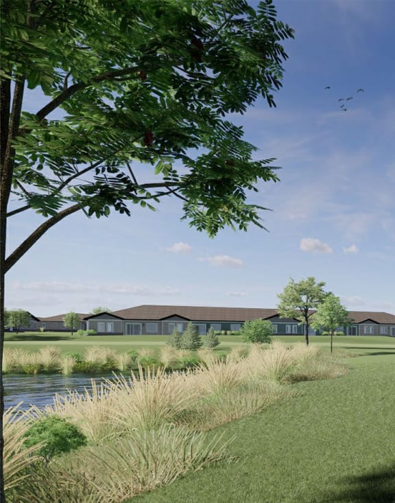 a rendering of a house with a yard and a pond