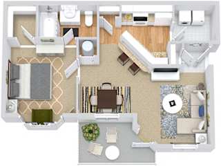 Laurel 3D. 1 bedroom apartment. Kitchen with bartop open to living & dinning rooms. 1 full bathroom. Walk-in closet. Patio/balcony.