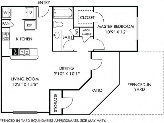 Cade with Fenced-in Yard 1 bedroom apartment. Kitchen with bartop open to living & dining rooms. 1 full bathroom. Walk-in closet. Patio/balcony with storage and yard.
