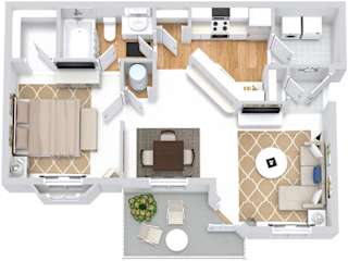 Ashley 3D. 1 bedroom apartment. Kitchen with bartop open to living & dinning rooms. 1 full bathroom. Walk-in closet. Patio/balcony.