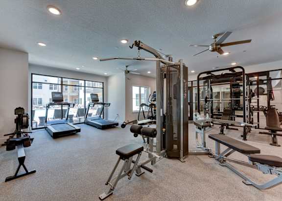 A spacious home gym with a variety of equipment including a treadmill, elliptical machines, and weight machines.