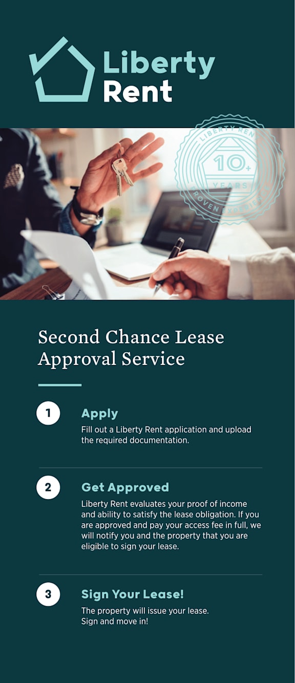 A flyer for Liberty Rent's Second Chance Lease Approval Service outlines a three-step process for applying for a lease.