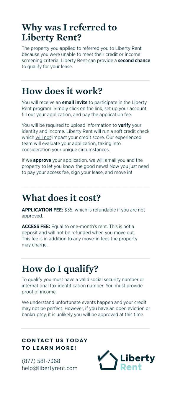 A flyer for Liberty Rent explaining their process, costs, and qualification criteria.