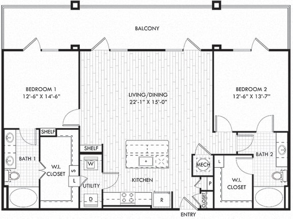 Woodson. 2 bedroom apartment. Kitchen with island open to living/dinning room. 2 full bathrooms, double vanity in master. Walk-in closets. Large patio/balcony.