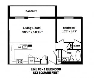 One bedroom, one bathroom apartment layout at Trillium Apartments in Cobourg, ON