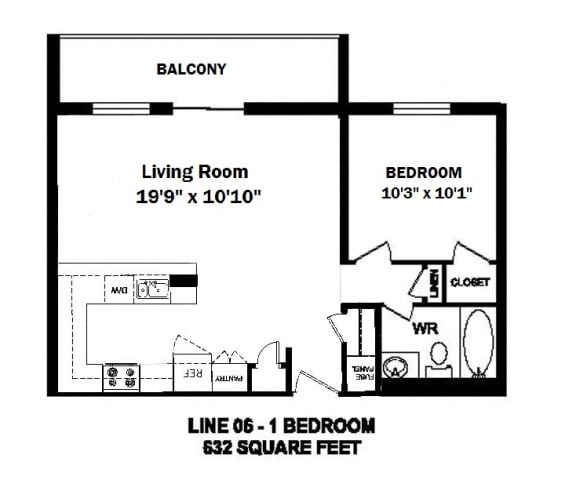 One bedroom, one bathroom apartment layout at Trillium Apartments in Cobourg, ON