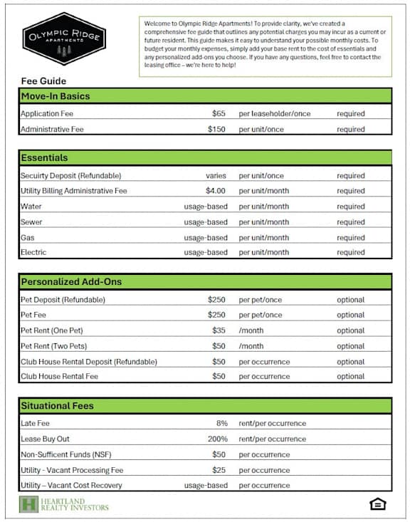 A detailed fee guide for Olympic Ridge Apartments is presented in a document.