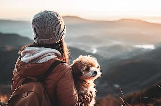 a woman holding a small dog in her backpack