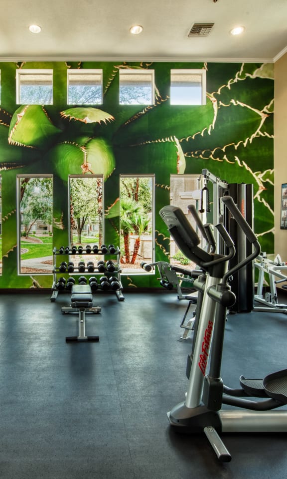 a gym with cardio equipment and a wall mural of a plant