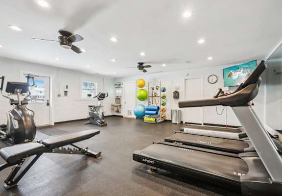 A gym with treadmills, exercise equipment, and a fan.