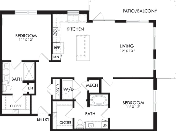 broadway 2 bedroom, 2 bath. L-shaped kitchen with island and pantry. Coat closet in entry hallway. double vanity bath and standalone shower in master. linen closets. washer/dryer. patio/balcony