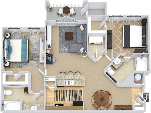 Weston 3D. 2 bedroom apartment. Kitchen with bartop open to living/dinning rooms. 2 full bathroom. Walk-in closets. Patio/balcony.