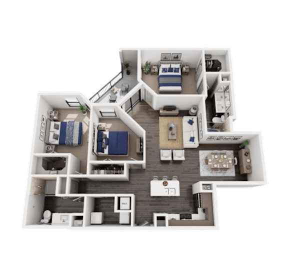 A 3D floor plan of a house with multiple rooms and furniture.