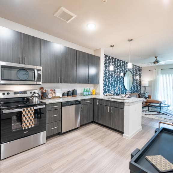 a kitchen with dark cabinets and stainless steel appliances
