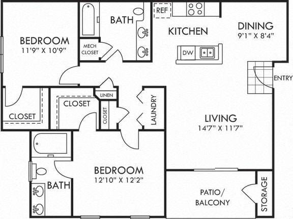 Darby. 2 bedroom apartment. Kitchen with bartop open to living/dinning rooms. 2 full bathroom, double vanity in master. Walk-in closets. Patio/balcony.