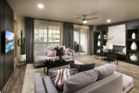 a living room with couches and a table
