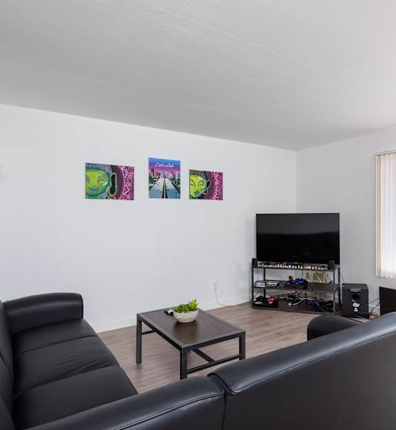 A living room with a black leather couch, a coffee table, and a flat screen TV.