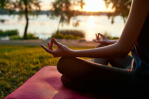 A person is meditating on a yoga mat outdoors.