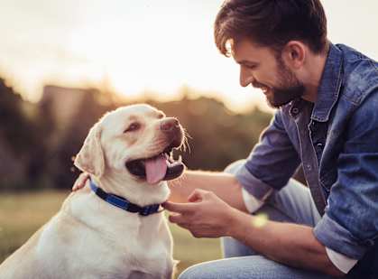 a man and his dog looking at each other