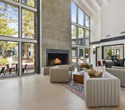 A modern living room with a fireplace and a large rug.