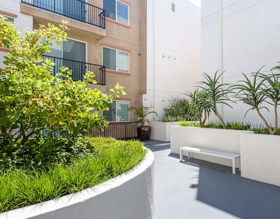 a courtyard with a bench and plants in front of a building