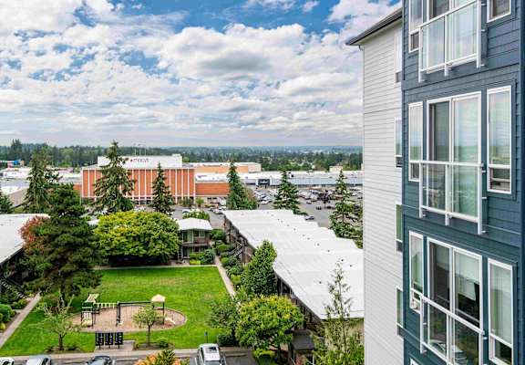 A view of a green lawn from a high vantage point.