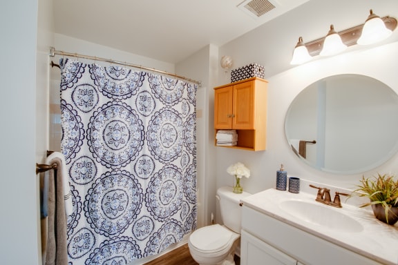 a bathroom with a shower curtain and a sink and a toilet