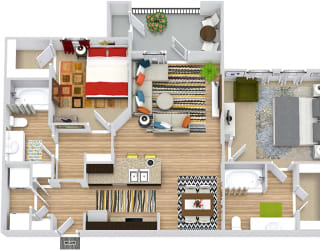 Colorado 3D. 2 bedroom apartment. Kitchen with island open to living/dinning rooms. 2 full bathrooms. Walk-in closets. Patio/balcony.
