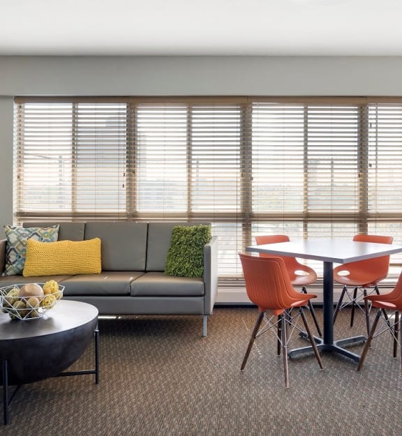 A living room with a grey couch, a round table with four chairs, and a bowl of fruit on the table. at Park Towers, Minnesota, 55416