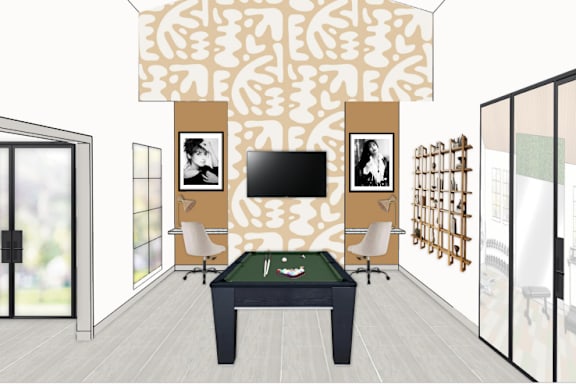 A room with a pool table and a television.