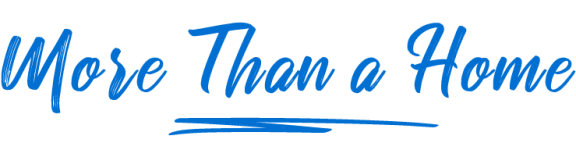 a logo with the words more than a home in yellow on a white background