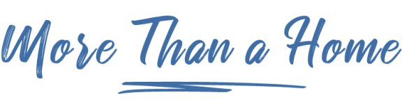 a logo with the words more than a home in yellow on a white background