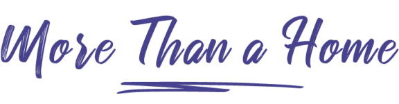 a logo with the words more than a home in yellow on a white background
