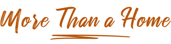 a logo with the words more than a home in yellow on a white background
