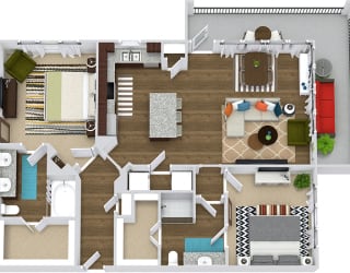 The Hyde 3D. 2 bedroom apartment. Kitchen with island open to living room. 2 full bathrooms, double vanity in master, shower stall in guest. Walk-in closets. Patio/balcony.