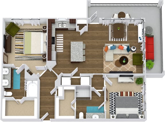 The Hyde 3D. 2 bedroom apartment. Kitchen with island open to living room. 2 full bathrooms, double vanity in master, shower stall in guest. Walk-in closets. Patio/balcony.