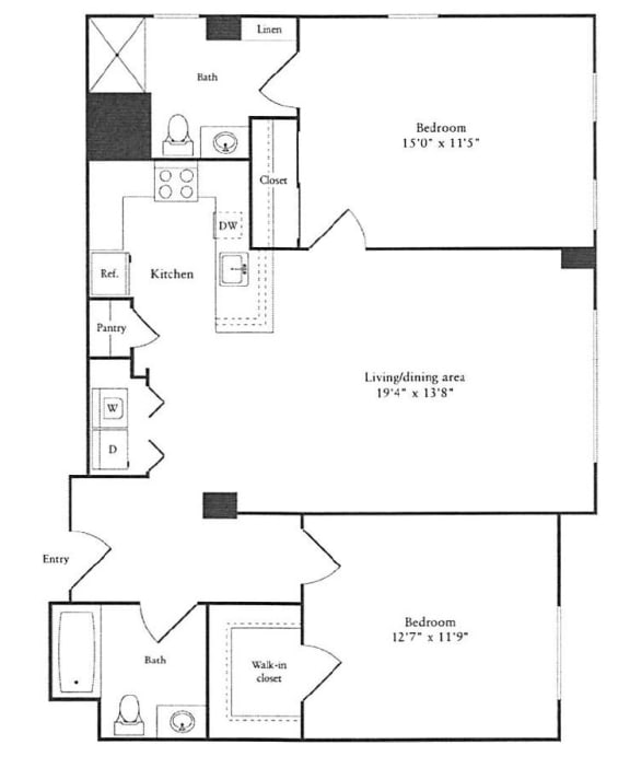 Floor Plan of spacious 2 bedroom luxury apartment for rent in Cambridge MA