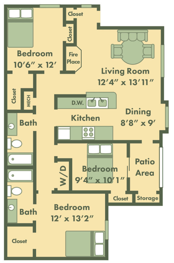 three bedroom apartment floor plan