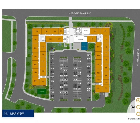 a site plan of an apartment building with a parking lot and a street at The Landing at Amber Fields Apartments, Rosemount, 55068