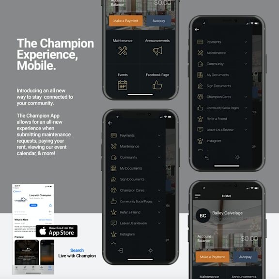 a screenshot of the champion experience mobile application on iphones