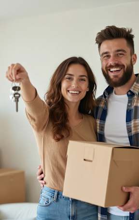 A man and woman are holding a key and a box, likely celebrating a new home.
