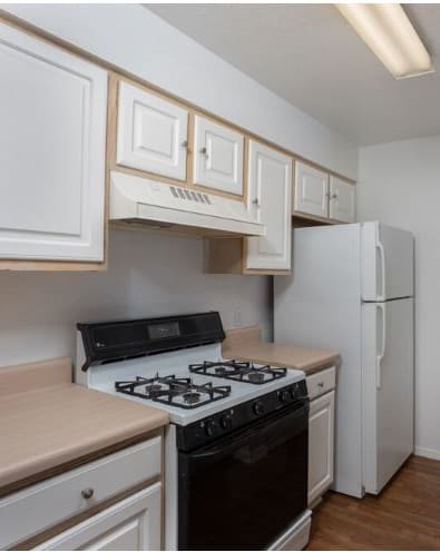 a kitchen with a stove refrigerator and sink