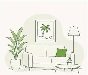 A poster advertising multiple floor plans available, with a drawing of a living room in the background.