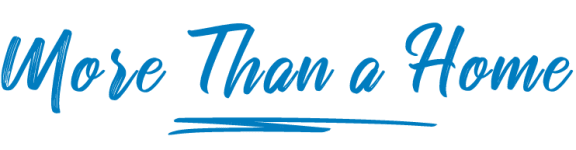 a logo with the words more than a home in yellow on a white background